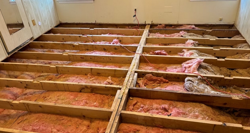Subfloor Repair Exposed Floor Joists Pink Fiberglass Insulation