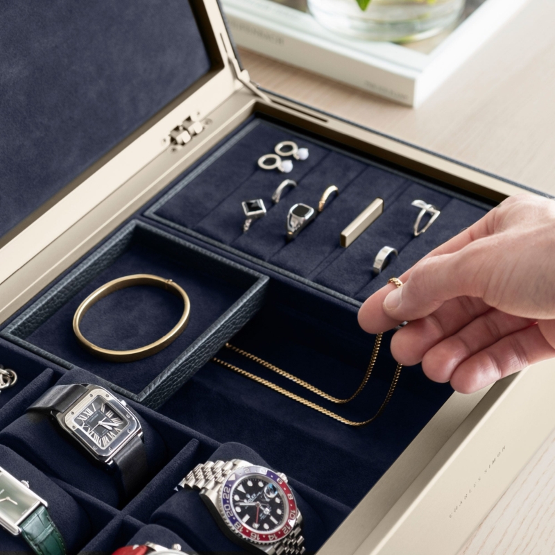 Suede-Like Jewelry Box with Metallic Champagne Frame