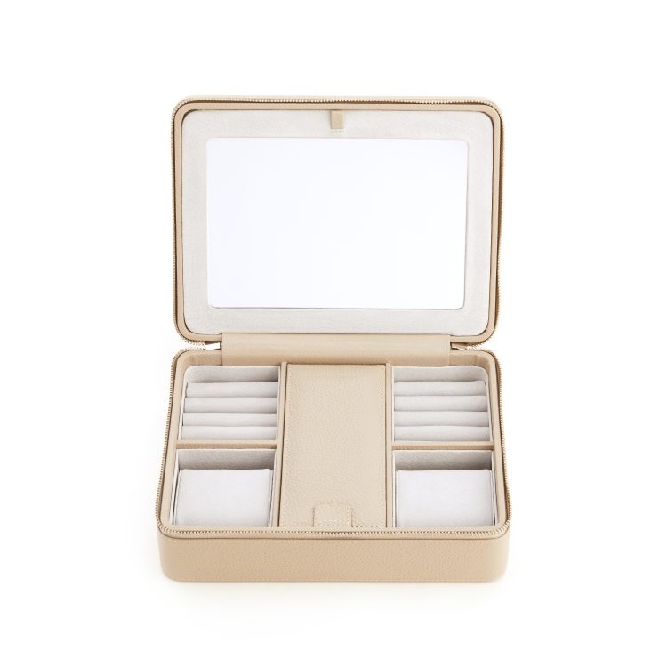 Suede Lined Ring Storage Box Taupe Pebbled Texture with Zippered Closure