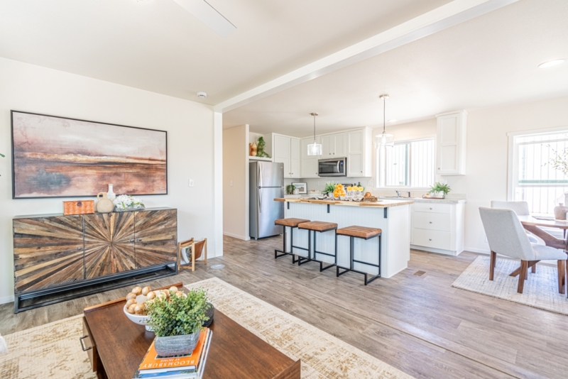 Sunburst Pattern Sideboard Styling: Open Concept Mobile Home Kitchen