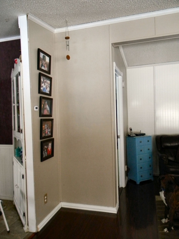 Tall Blue Accent Chest in Hallway with Vertical Photo Gallery Layout