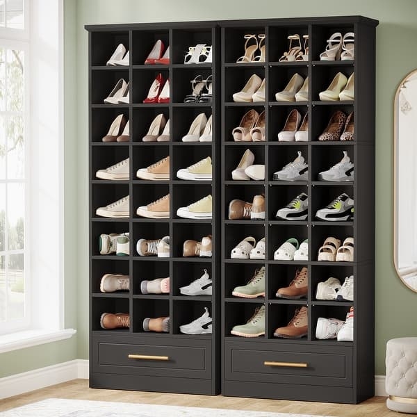 Tall Charcoal Shoe Cabinet with Cubby Storage and Bottom Drawers