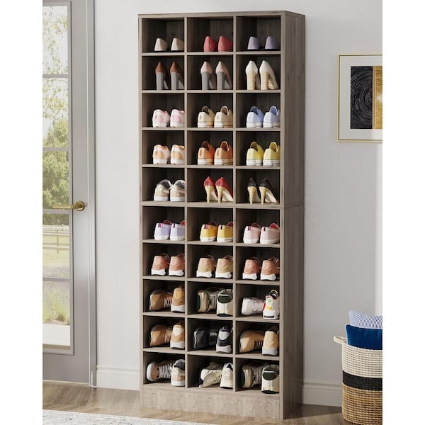Tall Gray Shoe Cabinet with 30 Open Cubbies for Entryway Storage