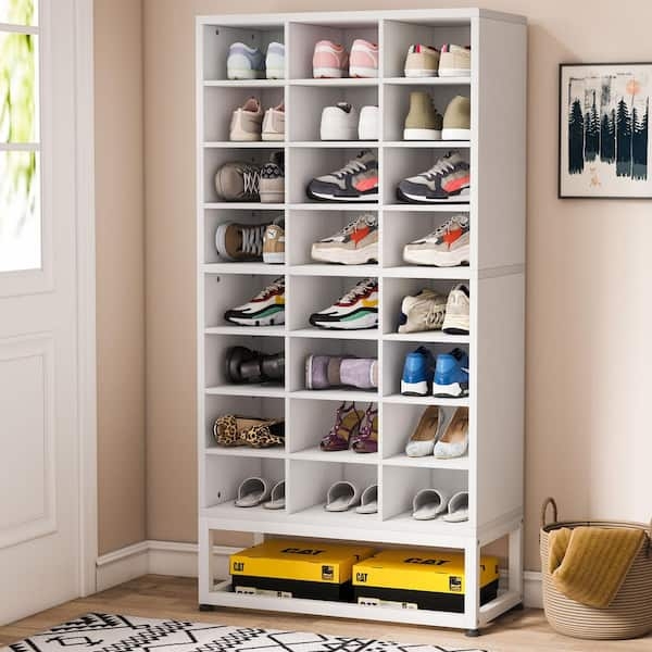 Tall Shoe Cabinet 24 Cubby Compartments Bottom Shelf
