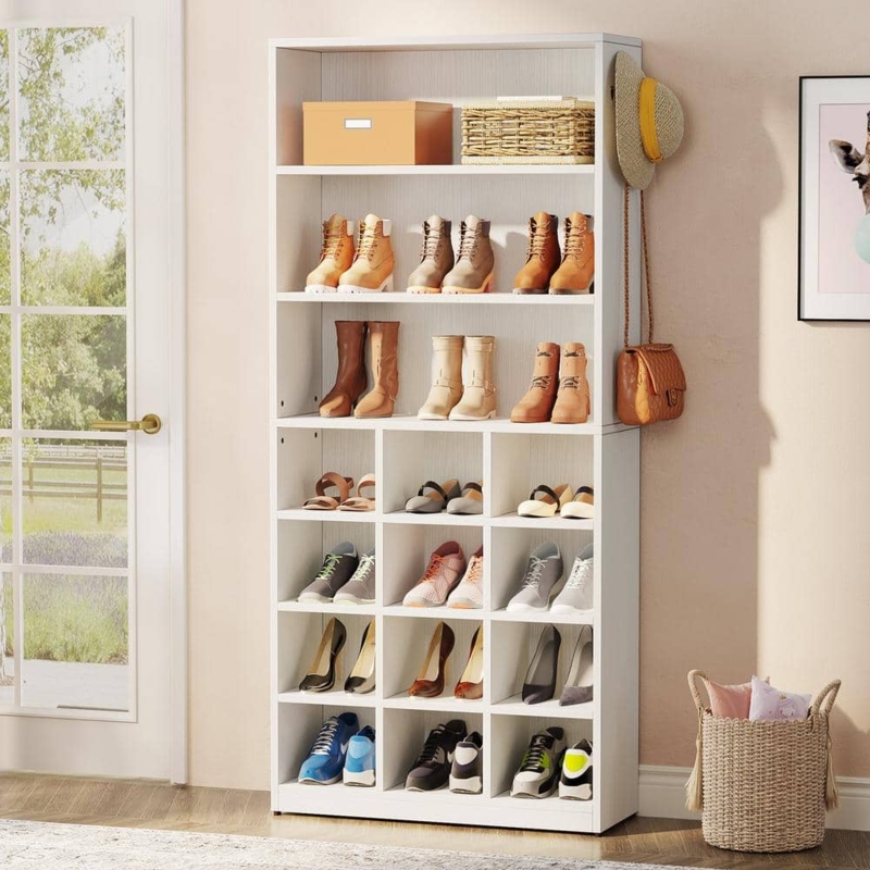 Tall Shoe Cabinet with Side Hooks and Mixed Cubby Storage