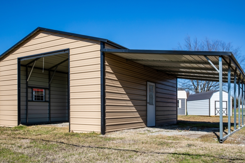 Tan Steel Metal Garage Building with Attached Carport Wing