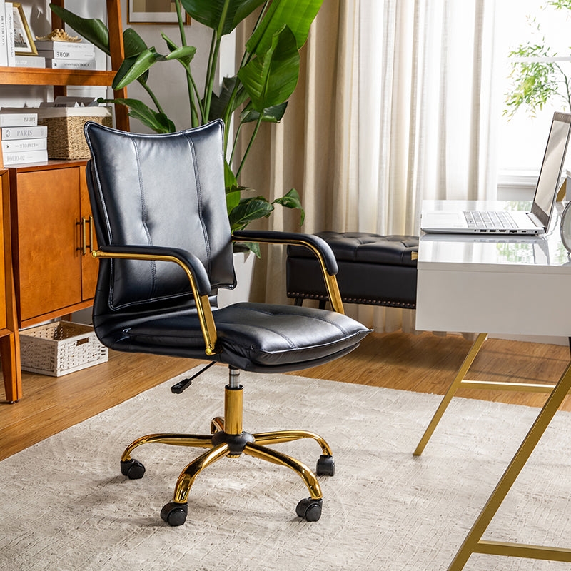 Task Chair Polished Gold Metal Armrests Pillow Back Modern Glam Black