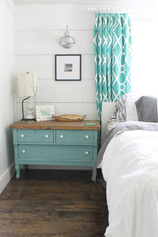 Teal Dresser as Bedroom Nightstand: White Shiplap Wall Ideas