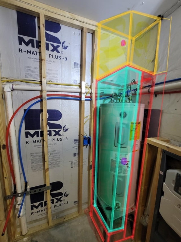 Teal Water Heater with Digital Overlay for DIY Enclosure Plan
