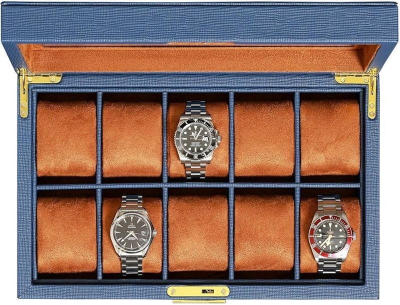 Ten-Slot Watch Box Navy Blue Tan Color Way Textured Exterior Glass Lid