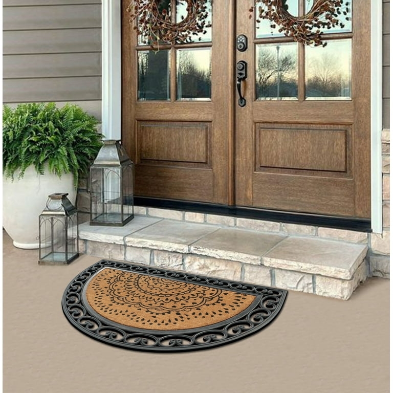 Textured Coir Half Round Mat with Black Scrollwork Border
