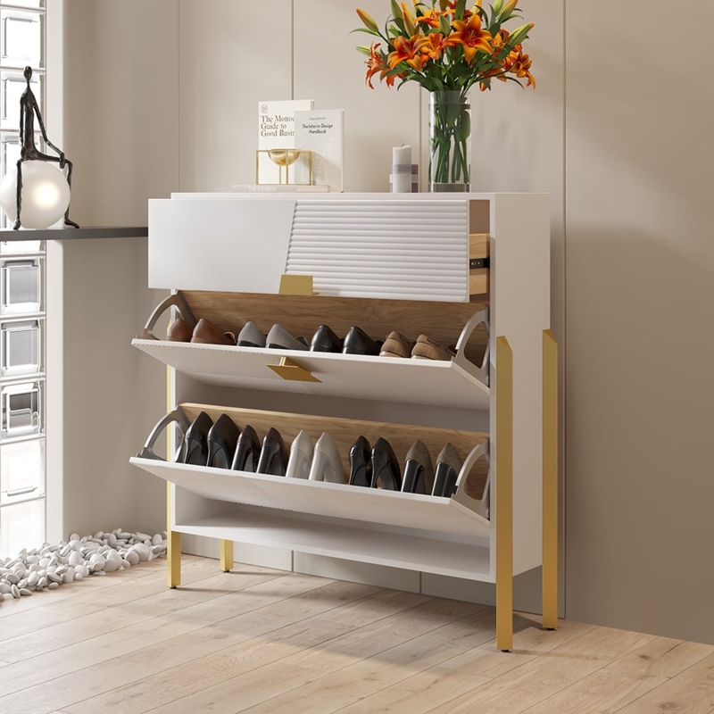 Textured Shoe Storage Cabinet with Ribbed Front and Gold Legs