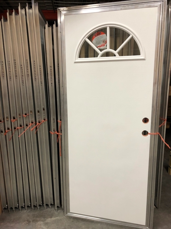 Textured White Exterior Door: Sunburst Window, Silver Trim Frame