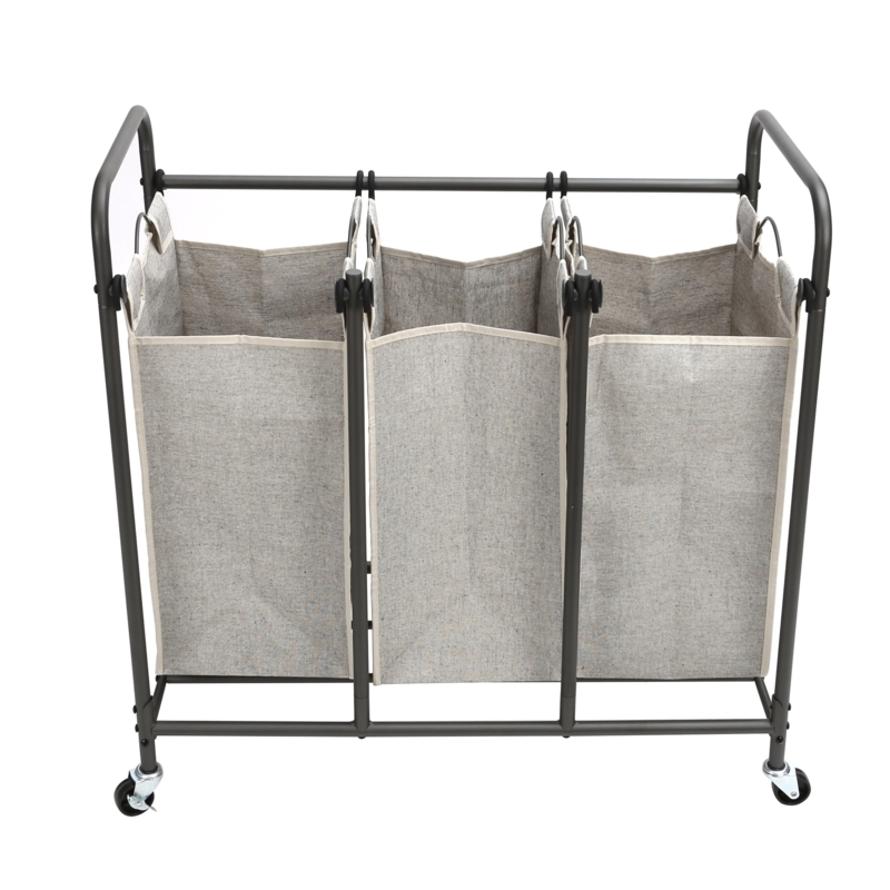 Three-Bag Laundry Sorter, Heathered Grey Fabric Bins, Locking Casters