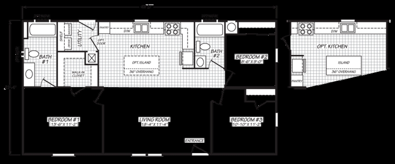 Three Bedroom Floor Plan with Optional Kitchen Island Layout