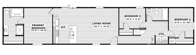Three Bedroom Manufactured Home Floor Plan with Utility Room