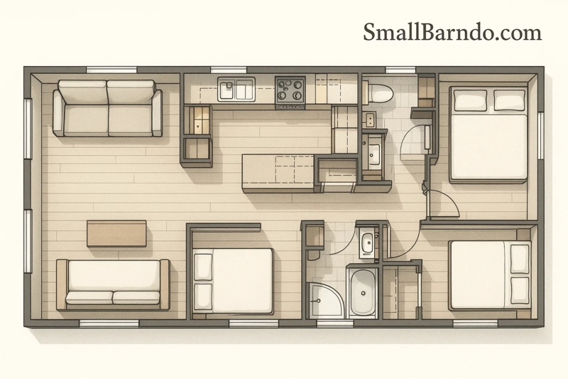 Three Bedroom Small Home Layout in an Illustrative Style 3D Floor Plan