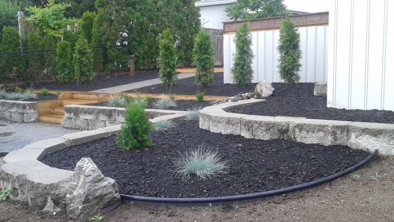 Tiered Landscaping with Dark Mulch Contrast and Stone Walls
