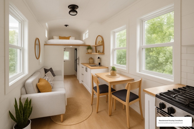 Tiny Home Living Room Layout with Loft Sleeping Area