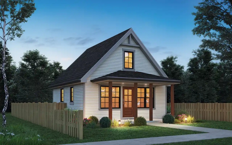 Tiny House Craftsman Exterior with Steep Gable and Natural Wood Pillars