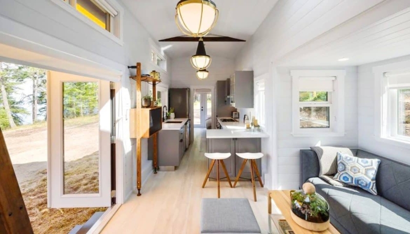 Tiny House Interior with Vaulted Ceiling and French Doors Layout