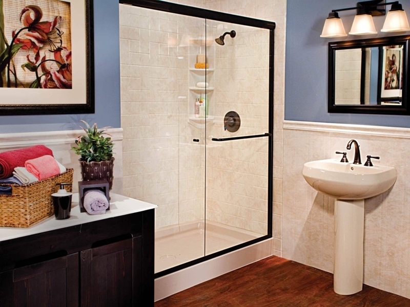 Traditional Bathroom Layout with Blue Walls and Black Trim Shower