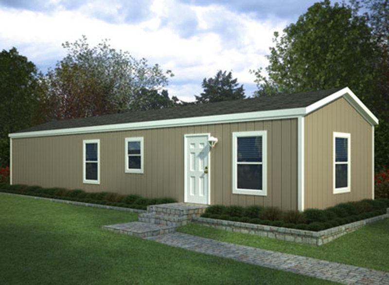 Traditional Mobile Home Exterior with Tan Siding and White Trim