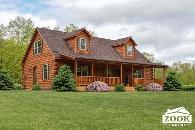 Traditional Prefab Log Cabin with Gabled Dormers and Porch
