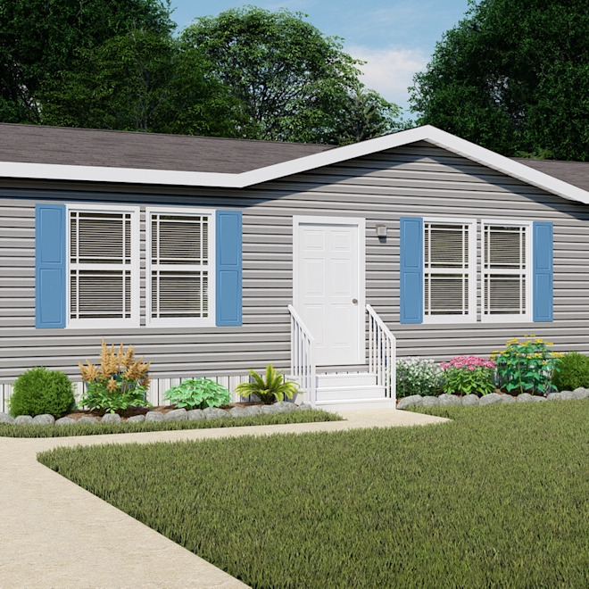 Traditional Ranch Manufactured Home with Grey Siding and Blue Shutters