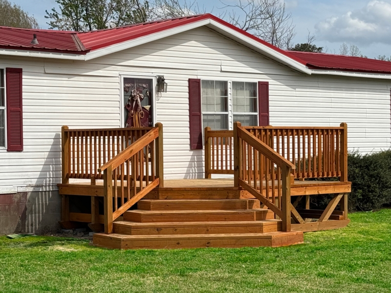 Traditional Wood Deck: Wide Corner Steps & Honey Stain