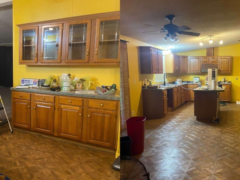 Traditional Wood Kitchen Cabinets paired with Geometric Pattern Flooring