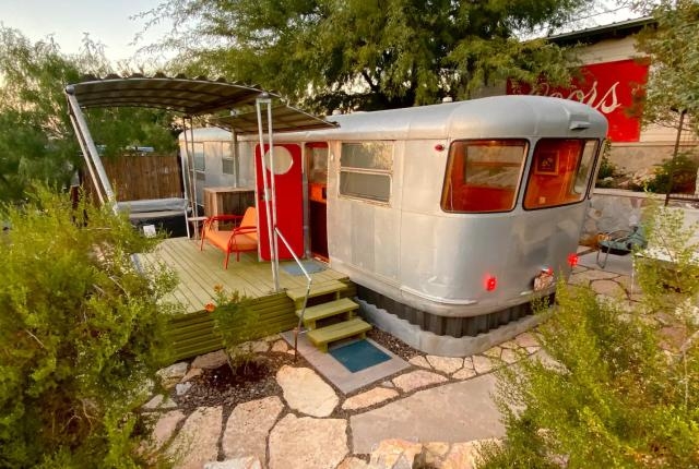 Trailer Silver Exterior Integrated Deck Glamping Setup
