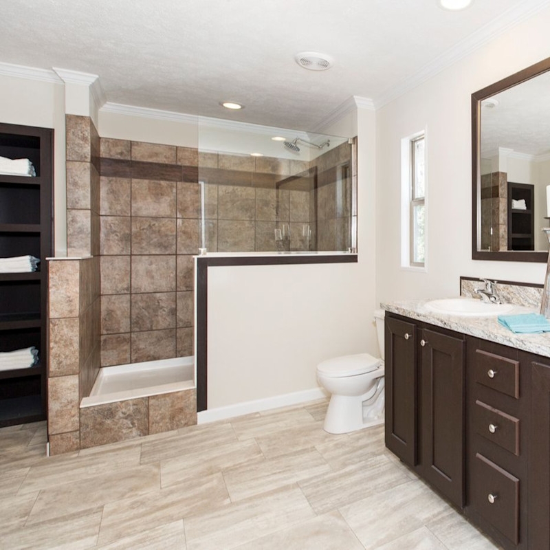 Transitional Bathroom: Dark Wood Vanity and Integrated Open Shelving