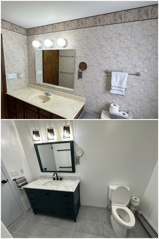 Transitional Bathroom with Teal Vanity and Matte Black Fixtures