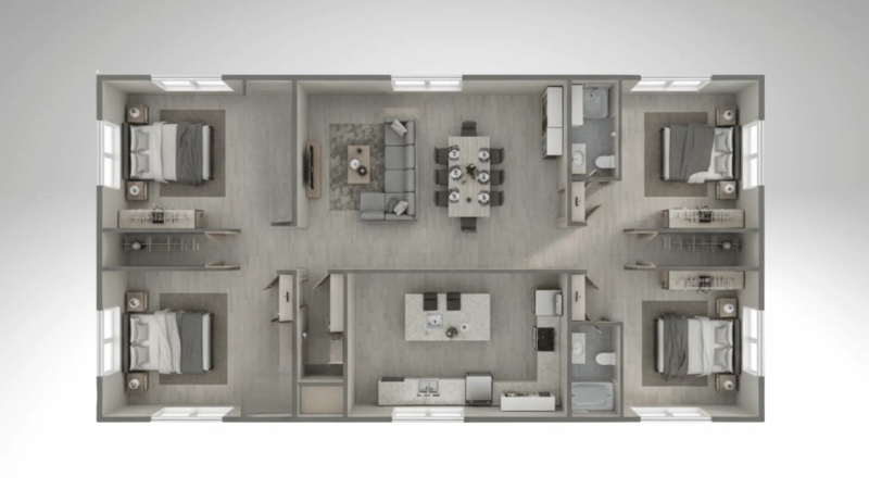 Transitional Four-Bedroom Floor Plan with Split Bedroom Design