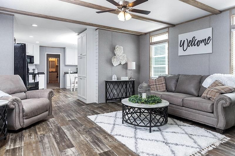 Transitional Grey Sofa Living Room with Nailhead Trim and Trellis Rug