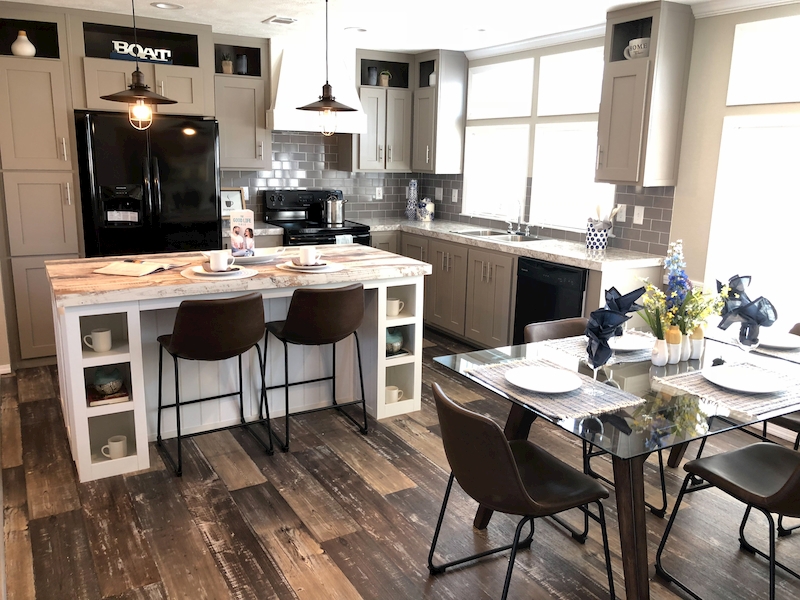 Transitional Kitchen Island with Shelving and Glass Top Dining Table