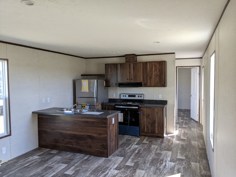 Transitional Kitchen: Walnut Toned Cabinetry, Grey Wood Look Flooring