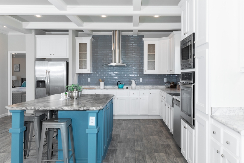 Transitional Kitchen with Teal Blue Island and Coffered Ceiling Beams