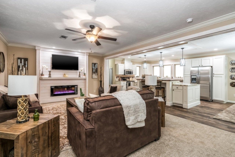 Transitional Living Area with Shiplap Fireplace Wall and TV