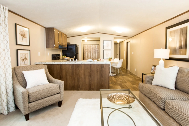 Transitional Living Area with Wood Kitchen Island Divider
