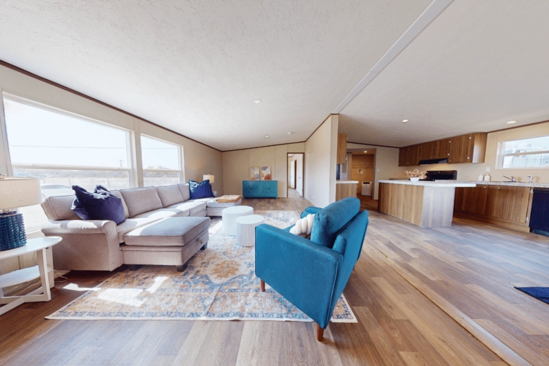 Transitional Open Layout Living Room with Navy Blue & Grey Decor