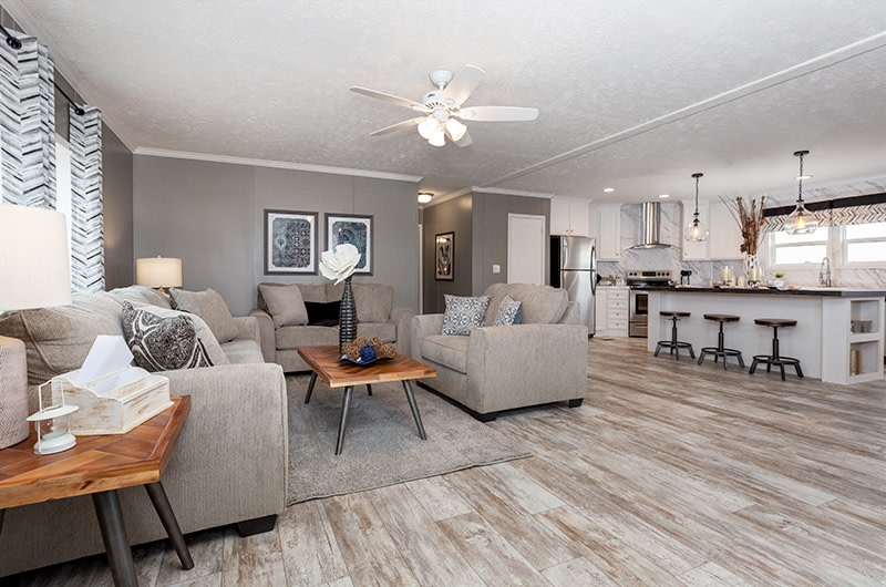 Transitional Open Plan Living Room, Kitchen with Neutral Color Story
