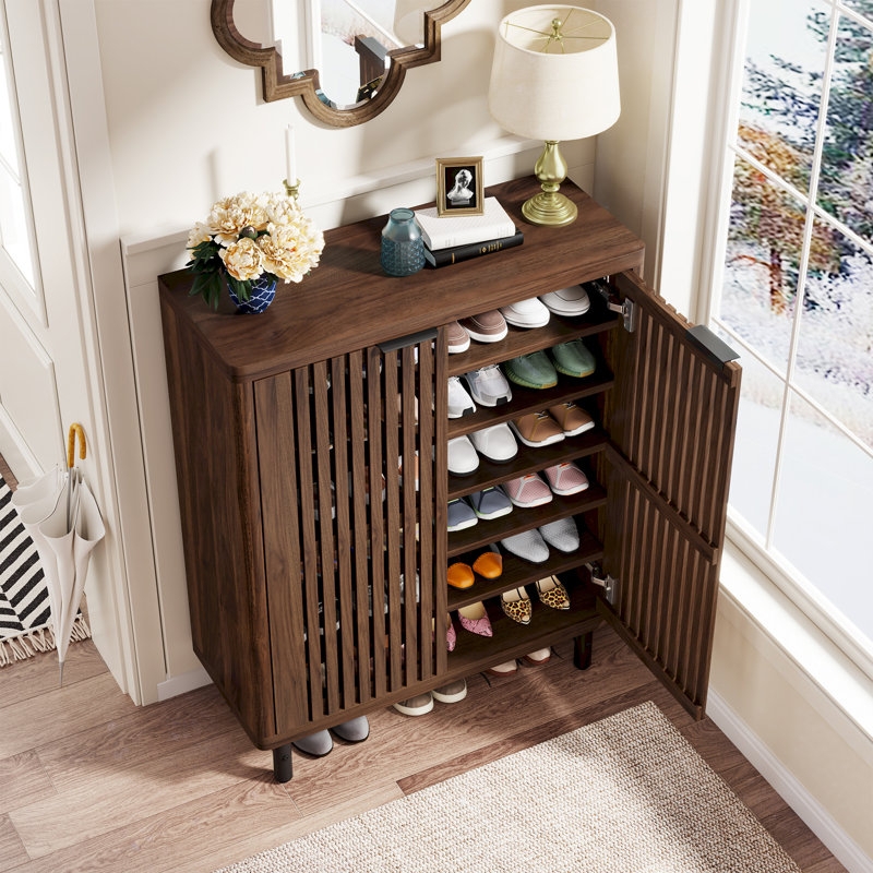 Transitional Wood Shoe Cabinet with Ventilated Shutter Style Doors