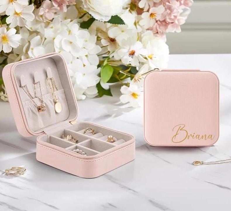 Travel Jewelry Box Blush Pink Compact with Personalized Gold Script