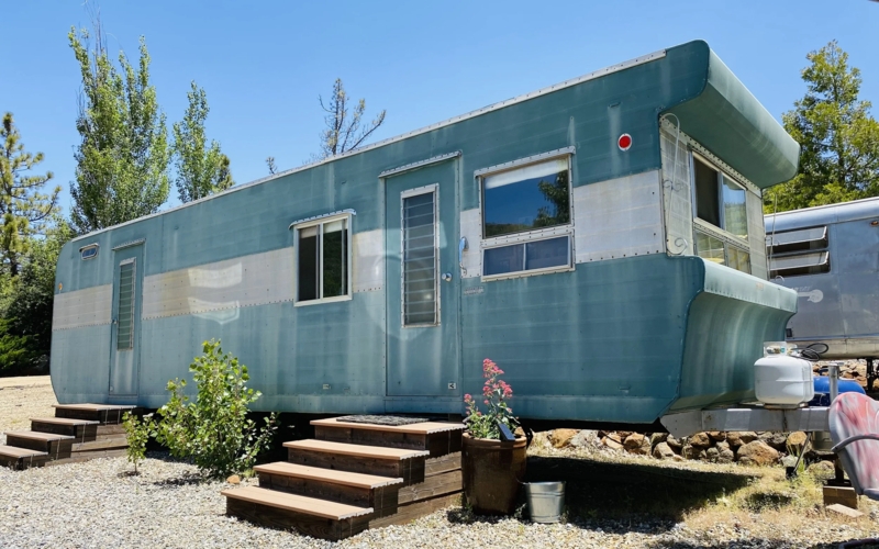 Travel Trailer Mid-Century Teal Color Block Front Visor Feature