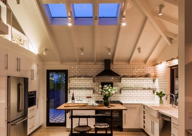 Trio of Skylights: Vaulted Ceiling Kitchen, Subway Tile