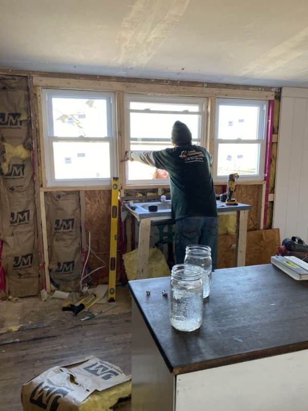 Triple Kitchen Window Installation Layout Exposed Framing Renovation