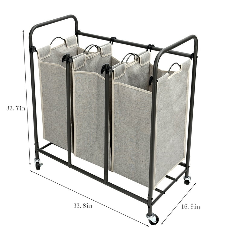 Triple Laundry Sorter, Grey Linen-Like Fabric, Removable Bags, Casters