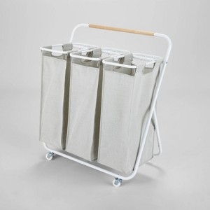 Triple Laundry Sorter White Frame Wood Handle Minimalist